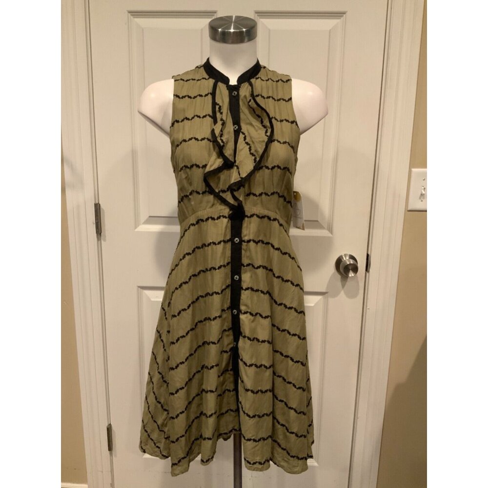 Postmark Green & Navy Blue Embroidered Striped Button-Up Dress Size 2
